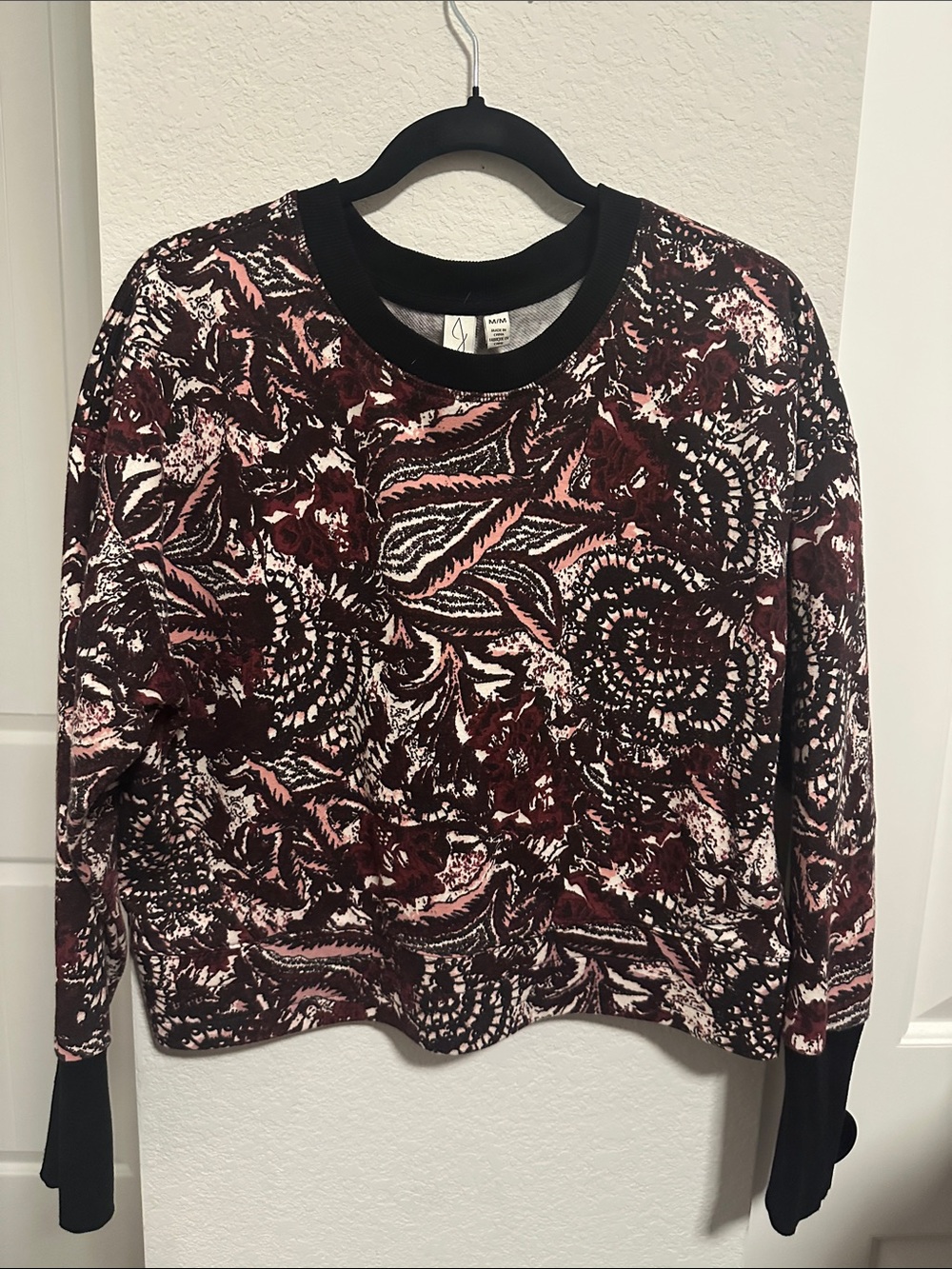 Joie Caleigh Floral Paisley Cropped Sweatshirt Burgundy Pink Medium